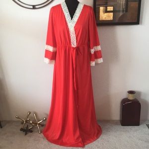 Vintage JC Penney Red/Orange Long Maxi Slip Dress Nightgown Robe Peignoir set